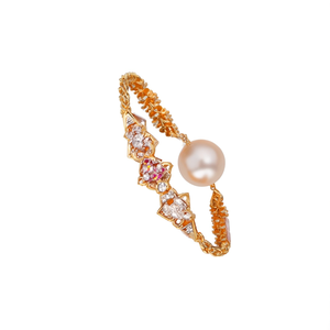 <b>Ruby</b> Floral Matte Charm Bangles-Gold Plated Stainless Steel with Freshwater Pearl & Zircon - Product Image 2