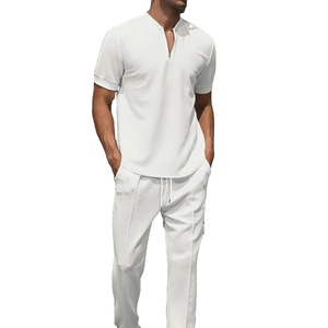 2025 nuevo conjunto de verano para hombre Youth Waffle cuello plano cremallera de color sólido manga corta de color sólido + Pantalones que combinan con todo casual - Product Image 4