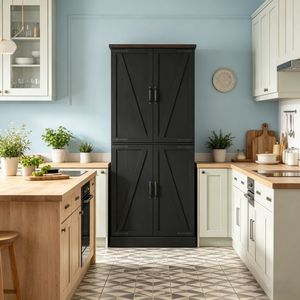 Mobiletto Moderno Rustico Stile Fienile 76 cm x 39,9 cm x 183 cm in Rovere e MDF con Ripiani Regolabili per Cucina - Product Image 1