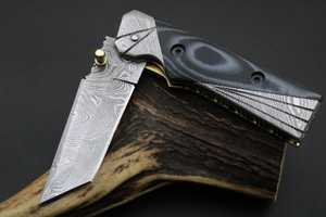 Cuchillo Plegable de Acero de Damasco SHARP POINT TRADES, Hoja de Punta Caída, Mango de Madera con Perilla, Diseño Artístico, Grosor de 0.5mm - Product Image 1