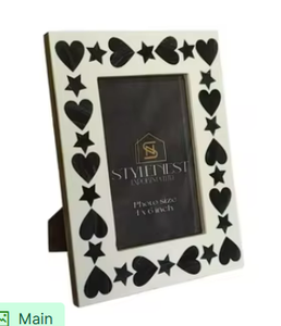 Cadre photo de luxe artisanal en os incrusté, motif cœurs et étoiles, taille 4x6 pouces, élégant blanc et noir, décoratif - Product Image 6