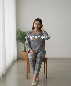 Conjunto de Pijama de Algodón con Estampado Artesanal para Mujer, Elegante, Transpirable, de Secado Rápido, Manga Larga, Ropa de Dormir de Verano, Gris Floral - Product Image 6