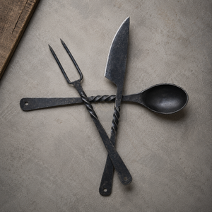 Juego de cubiertos antiguos de acero al carbono forjado a mano, estilo rústico, con mango retorcido, cuchara, tenedor, cuchillo, vajilla - Product Image 2