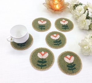 Handmade Round Beaded Coaster Flower Embroidery Drink Mat Cotton <b>Table</b> Decor - Product Image 5