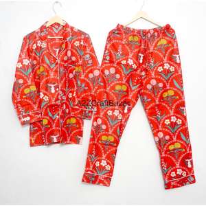 Ensemble de pyjama pour demoiselle d'honneur en coton 100% luxueux, doux, respirant, à séchage rapide, imprimé floral, longueur intégrale, style indien pour femmes - Product Image 1