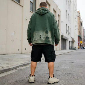 Sudadera con capucha vintage verde desgastada con cremallera, estilo oversize, lavada, estilo streetwear para hombre y mujer - Product Image 3