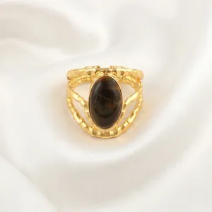 Natural Black <b>Tiger</b> <b>Eye</b> Oval Stone <b>Ring</b> Solid Brass 18k Gold Plated Three Layer Trendy Adjustable Wholesale Stylish Fashion <b>Ring</b> - Product Image 4