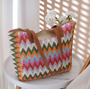 Natural yarn bag Colorful Zig Zag Woven Tote Bag Stylish Handmade Shoulder Bag for Women Summer <b>Beach</b> <b>Accessory</b> Wholesale - Product Image 5