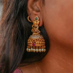 Elegant Antique Imitation Pearl Gold Plated Brass Chandelier Jhumki Earrings-Ethnic Hindu Religious Charm Studs - Product Image 2