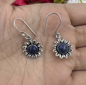 Pendientes de Plata con Lapislázuli Natural, Diseño de Flor de Sol, Minimalistas, Clásicos, Colgantes, Joyería de Moda - Product Image 1