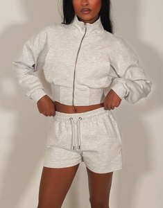 Custom OEM Logo <b>Cropped</b> Full Zip Up Sweatshirt <b>Jacket</b> & Shorts Tracksuit Sporty Lightweight Polyester/Cotton 280 GSM Women's Set - Product Image 5