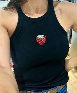 Custom Summer Breathable Cotton Ladies Sleeve <b>Top</b> Stretch Knitted Beaded Handmade Rhinestone <b>Sequin</b> Trim Solid for <b>Tops</b> - Product Image 3