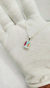 Pendentif Opale Mystique Taille Émeraude en Argent Sterling 925, Collier Opale Multicolore Fait Main, Bijou Statement, Cadeau pour Elle, pour Enfants - Product Image 6