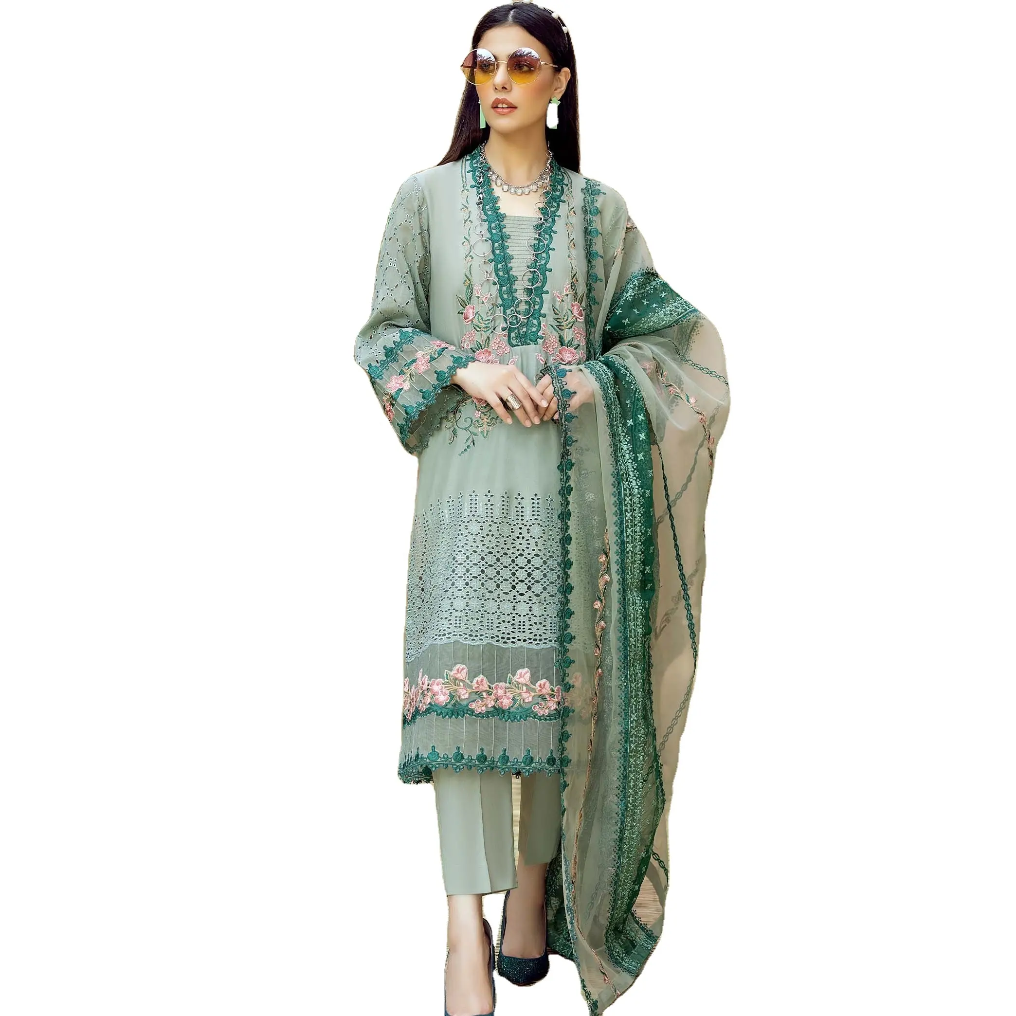 Işlemeli çim koleksiyonu parti düğün gömlek elbise yeni uzun kollu pakistan Shalwar Kameez hint gömlek elbise kadınlar
