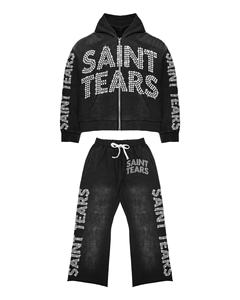 Conjunto de chándal de moda y streetwear personalizado al por mayor: sudadera con capucha y cremallera, efecto desgastado, lavado ácido, borde sin rematar, pedrería y pantalón holgado. - Product Image 5