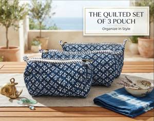 Juego de 3 Bolsas Acolchadas de Lujo Personalizadas, Bolsa de Aseo de Algodón Jaipur con Estampado de Bloques, Organizador de Maquillaje, Estuche de Cosméticos, Kit de Viaje para Mujer - Product Image 1