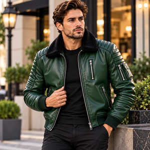 Wholesale <b>Men's</b> Genuine Leather <b>Flight</b> <b>Jacket</b> with Shearling Collar Quilted Shoulders Custom Color OEM Zip Pocket Outerwear - Product Image 4