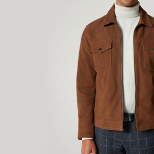 Men's Brown Suede Leather Jacket Stand <b>Covered</b> <b>Button</b> Closure Casual Style Solid Color Regular Fit Winter Wear Front Breathable - Product Image 6
