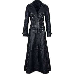 Manteau trench en similicuir noir pour femmes - Long manteau style gothique rock à double boutonnage - Product Image 1