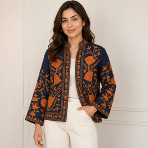 Suzani Embroidered Knitted Velvet Bomber <b>Jacket</b> Handcrafted Floral Boho Statement Wear Full Sleeve Autumn Outerwear Breathable - Product Image 1