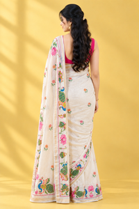Sari de Algodón Crema con Estampado Floral de Pavo Real Hecho a Mano, Traje Tradicional Indio para Mujer, Largo hasta el Suelo, Corte Regular, Estilo Bollywood - Product Image 3