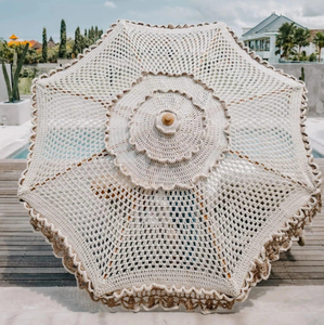 Sombrilla de cuerda de algodón de macramé de ganchillo hecha a mano de lujo con borlas de flecos para patio exterior o uso en Hotel - Product Image 1