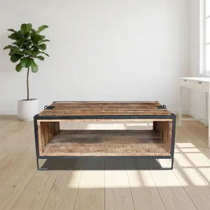 Modern <b>Wooden</b> <b>Outdoor</b> Coffee <b>Table</b> on Iron Stand with Shelf Handcrafted For Seatin <b>Table</b> For Garden Farmhouse Home Hotel Resort - Product Image 4