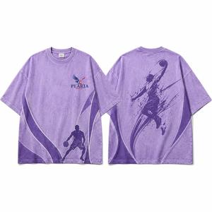 T-shirt vintage oversize 100 % coton pour homme, délavé effet soleil, tricoté, imprimé numérique basketball, 320g, streetwear décontracté de haute qualité - Product Image 2