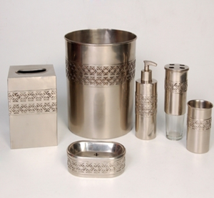Luxurious satin brass metal bathroom organizer set showcasing subtle mesh micro texture, available at wholesale price - Product Image 2