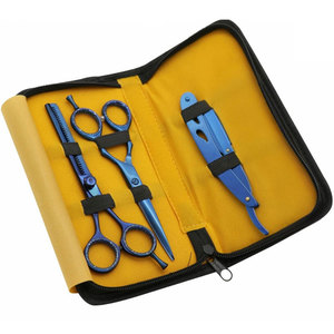 Juego de Tijeras de Peluquería de Acero Inoxidable para Cortar y Entresacar Cabello con Navaja Recta, Recubrimiento Azul y Estuche de Cuero, Kit de Peluquería Profesional - Product Image 1