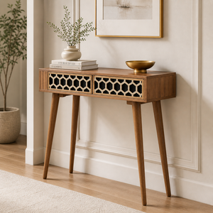 Table console en bois pour entrée, table de canapé, motif nid d'abeille, rangement intégré, pieds, couloir, salon - Product Image 2