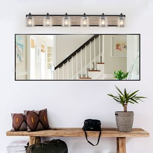 Lámpara de Baño Estilo Rústico de 49 Pulgadas con 6 Luces, Pantallas de Vidrio Transparente con Diseño de Grano de Madera Negra, Aplique de Pared - Product Image 3