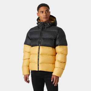 Manteau d'hiver pour homme en duvet noir à capuche avec design patchwork, col montant, fermeture éclair, coupe décontractée, en nylon épais - Product Image 2