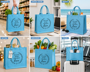 Blue Laminated Jute Shopping <b>Bag</b> With Love Print Open Top Handle <b>Medium</b> <b>Size</b> - Product Image 3