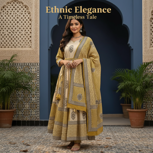 Conjunto de Pijama Kurti Sarong de Algodón Floral Amarillo Beige |   Ropa de Playa para Mujer de Alta Calidad con Estampado Artesanal |   Traje Étnico Hecho a Mano - Product Image 5