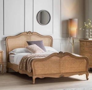 Modern <b>Rattan</b> Headboard and Footboard <b>Bed</b> <b>Frame</b> Wooden Bedstead Black and Natural Panel <b>Bed</b> for Hotel Home Bedroom - Product Image 1
