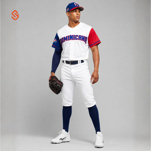 Maillot de baseball dominicain pour homme, manches courtes, blanc, rouge, bleu, col en V, boutons sur le devant, coupe classique, toutes saisons, respirant, polyester - Product Image 1