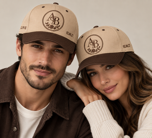 Casquette de mariage personnalisée à cinq panneaux en toile de coton premium, beige camel, avec visière marron expresso, monogramme LOVE et date brodés - Product Image 3