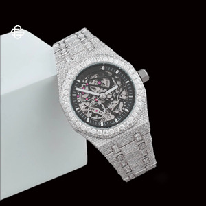 Montre de luxe pour homme, style affaires, à quartz, avec cadran squelette, sertie de diamants Moissanite, mouvement ETA, en acier inoxydable personnalisé et verre - Product Image 1
