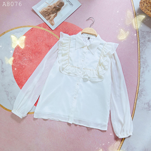 Blusa de Manga Larga para Mujer al por Mayor con Adorno de Perlas, Volantes en el Pecho, Cuello de Solapa y Botones Delanteros, Elegante Camisa de Oficina para Negocios - Fabricante - Product Image 4