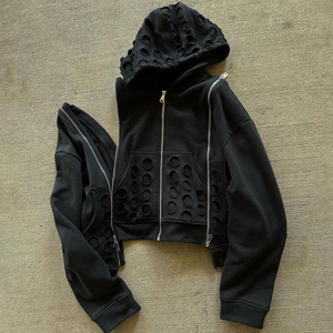 Sweat à capuche zippé pour homme, coupe personnalisée, col à découpes, en molleton, coupe courte oversize, style streetwear, couleur unie, manches classiques, pour l'automne - Product Image 2