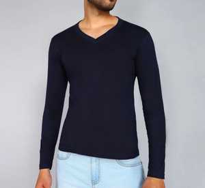 T-shirt à manches longues pour homme, col rond, noir uni, coupe décontractée, tricoté - Product Image 4