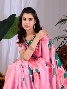 Wholesale Elegant Rose Floral Printed <b>Saree</b> Luxury Soft <b>Satin</b> Indian Traditional Wear Women Party Festive Sari Blouse Summer - Product Image 1