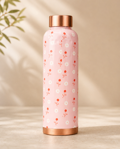 Handmade Enamelled Copper Water <b>Bottle</b> <b>Pink</b> Floral Design Pure Copper Drinking <b>Bottle</b> Ayurvedic Leakproof Reusable Eco Friendly - Product Image 1