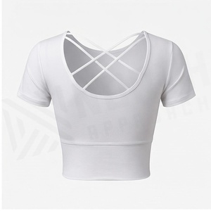 Haut court à col rond et manches courtes, blanc uni, en spandex et polyester respirant, vêtements de yoga, vêtements de sport pour femmes - Product Image 2