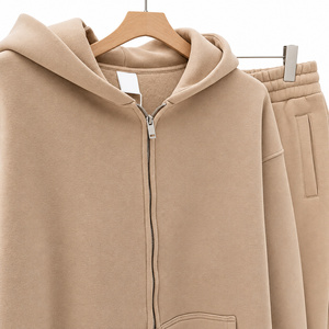 เสื้อฮู้ดซิปคู่ผ้าฟลีซ 500gsm ขายส่ง สีเบจ ชุดเซ็ตฮู้ดดี้และกางเกงจ็อกเกอร์แบบเรียบ ชุดวอร์มมีฮู้ดสำหรับฤดูหนาว แบบ unisex - Product Image 1