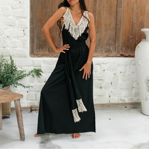 Vestido maxi de algodón negro estilo bohemio para mujer, sin espalda, con flecos, estilo bohemio, largo, con abertura y cinturón, estilo cóctel ecológico - Product Image 2