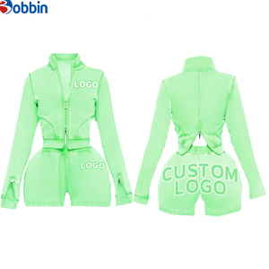 Conjunto de 2 Piezas para Mujer, Top Corto con Cierre Frontal y Trasero, Cuello Alto, Estilo Vintage, Lavado Ácido, con Logotipo Personalizado, Pantalones Cortos, Superventas - Product Image 5