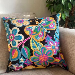 Modern Style Floral Design Cotton Beaded Embroidery Square Zipper Closure Pillow <b>Cover</b> Home Hand Embroidered Seed Beads - Product Image 2