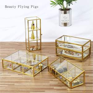 Nordic Style Glass Jewelry Organizer <b>Box</b> Elegant Gold Metal Frame <b>Makeup</b> Cosmetic Display Case Wedding Keepsake <b>Box</b> with Lid - Product Image 6